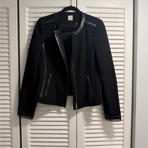 Ecru Black Textured Jacket with Leather Accents